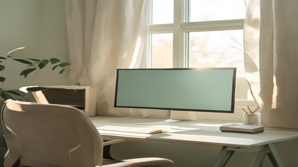 Ergonomisk indrettet arbejdsbord med korrekt monitorhøjde, stolen og lysforhold